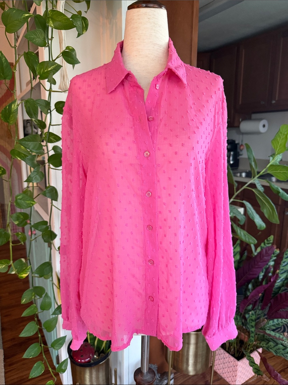 H&M Hot Pink Textured Button-Down Blouse